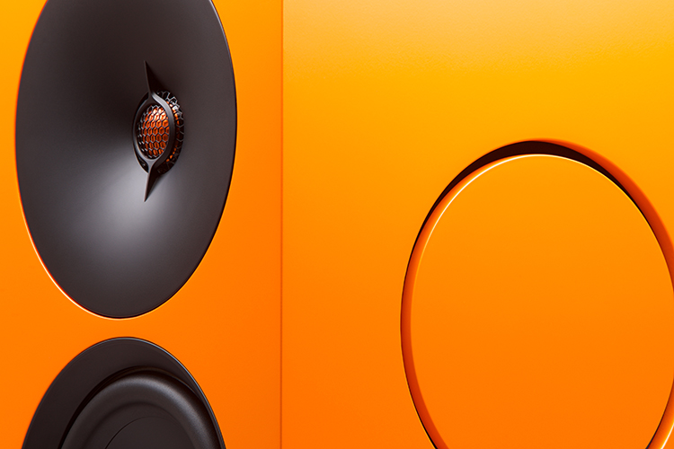 Cambridge Audio L/R X active stereo speaker Orange Color Finish 28mm dual-radius aluminium dome close-up view