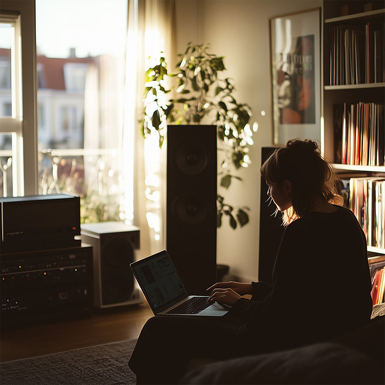 Portrait orientation photograph of a woman with long dark hair wearing a dark colored sweatshirt and pants as she is sitting on a dark colored sofa looking at a laptop with Dirac Live software on the screen; The room she is located in features a large window with white curtains and black floorstanding loudspeakers alongside other various home theater high fidelity product models plus a bookshelf case containing many numerous various vinyl music album covers