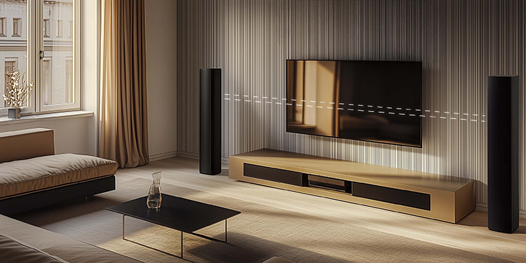 A pair of sleek, modern black floor-standing loudspeakers positioned in a living room setup with a large television screen between them, displaying a graphical representation of sound waves in a horizontal direction emanating from the speakers