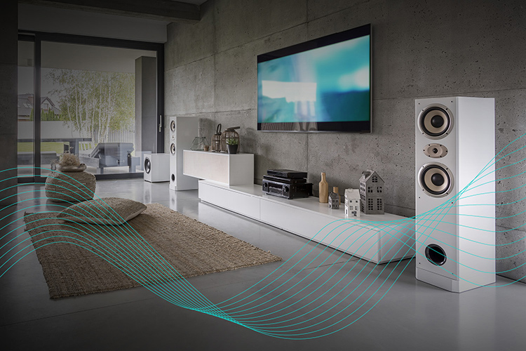 Dirac Live Active Room Treatment function active displayed in blue curvy graph angles within the living room as there are several home theater hifi sound devices nearby a wall mounted television and other decorative items