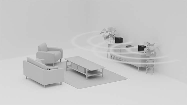 Eversolo SE100 premium passive two-way bookshelf speakers with the Eversolo Play Music Streaming Amplifier in a living room three-dimensional digital rendering with noise soundwaves amplified in air in motion circled around the products