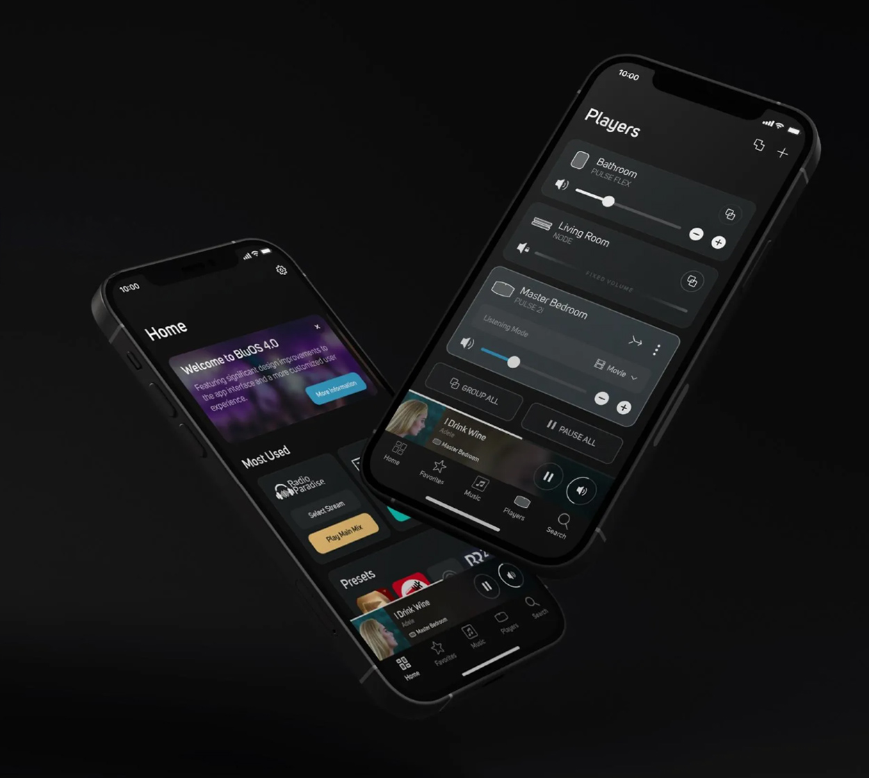User interfaces of the BluOS Controller iOS Smartphone App for Apple iPhone users User interfaces of the BluOS Controller iOS Smartphone App for Apple iPhone users