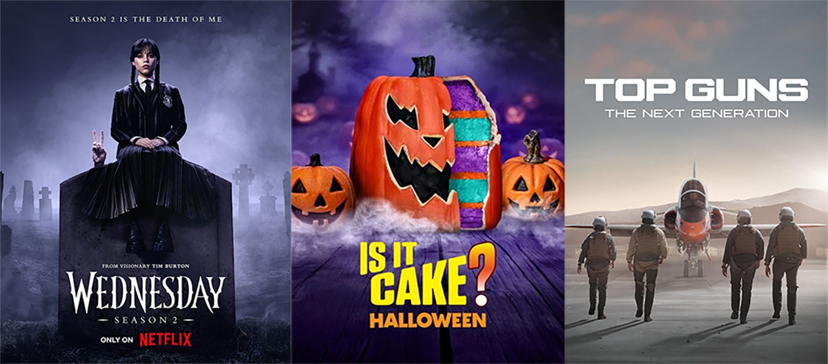 Streaming show poster covers for Netflix's Wednesday, Is It Cake? Halloween, and Disney+/Hulu's Top Guns: The Next Generation Streaming show poster covers for Netflix's Wednesday, Is It Cake? Halloween, and Disney+/Hulu's Top Guns: The Next Generation