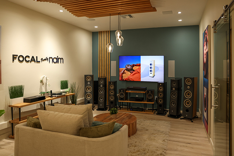Focal Powered by Naim Newport Beach retail space living room loudspeaker products demo area interior view