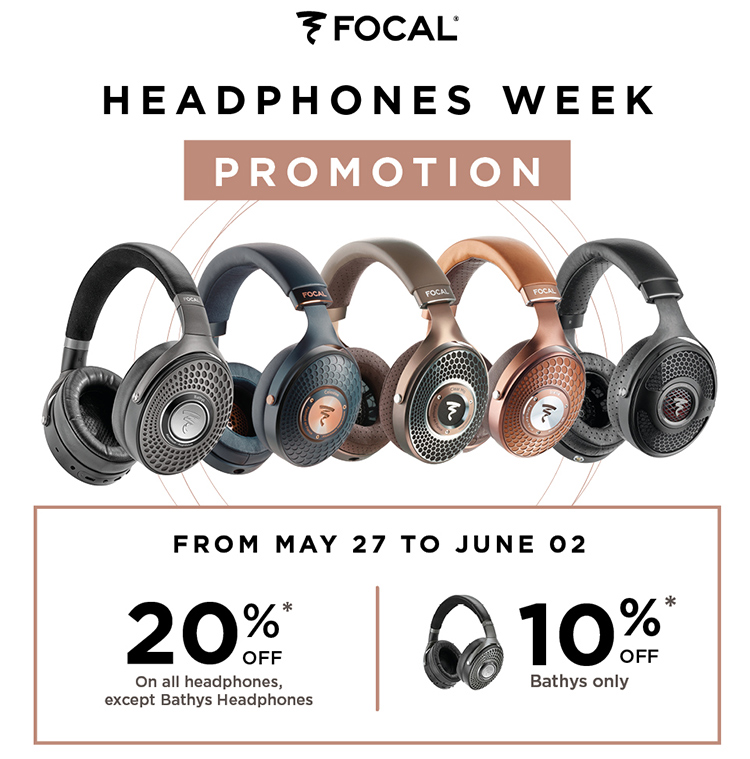 Square shaped Focal Headphones Week Promotion Digital Marketing Banner showcasing its headphone models that include Bathys, Celestee, Clear Mg, Stellia, and Utopia while there's a smaller dark bronze outer stroke rectangular box below that contains the following message - From May 27 to June 02 - 20%* off on all headphones, except Bathys Headphones | 10%* off Bathys only