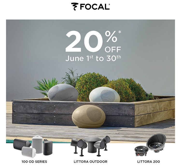 Square shaped Focal Outdoor Speakers Promotion Digital Marketing Banner showcasing its outdoor speaker models that include 100 OD Series, Littora Outdoor, and Littora 200 while there's a important message floating at the very top that says 20%* off June 1st to 30th