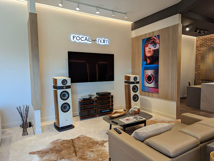 Focal Powered by Naim Timonium at Gramophone retail space living room loudspeaker products demo area interior view