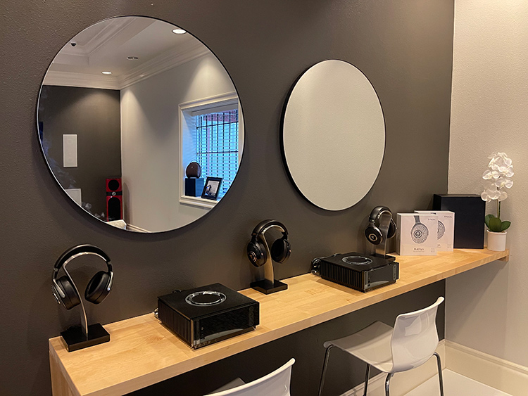 Focal Powered by Naim College Station at MTI Acoustics retail space headphone products bar demo area interior view