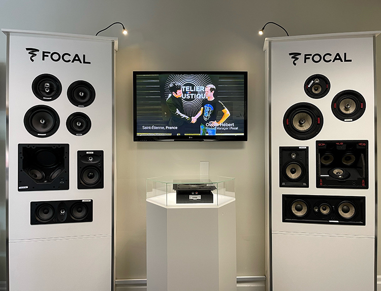 Focal Powered by Naim Markham at Kennedy Hi-Fi retail space in-wall speaker products demo area interior view