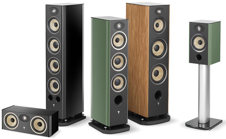 Focal Aria Evo X line of high-fidelity loudspeakers for the home featuring a Home Cinema configuration speaker model (Aria Evo X Center), three slender floorstanding loudspeakers (No2, No3, No4), and a compact bookshelf speaker model (Aria Evo X No1)