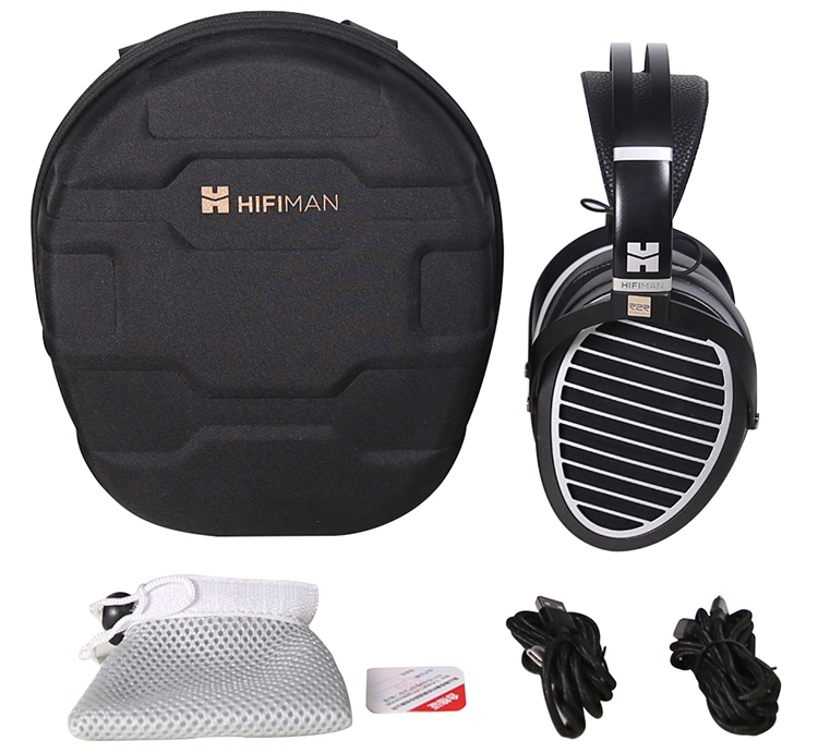 HIFIMAN ANANDA-BT Wireless Open-back Planar Magnetic Headphone, its closed carrying case, its cable accessories, and two other additional items