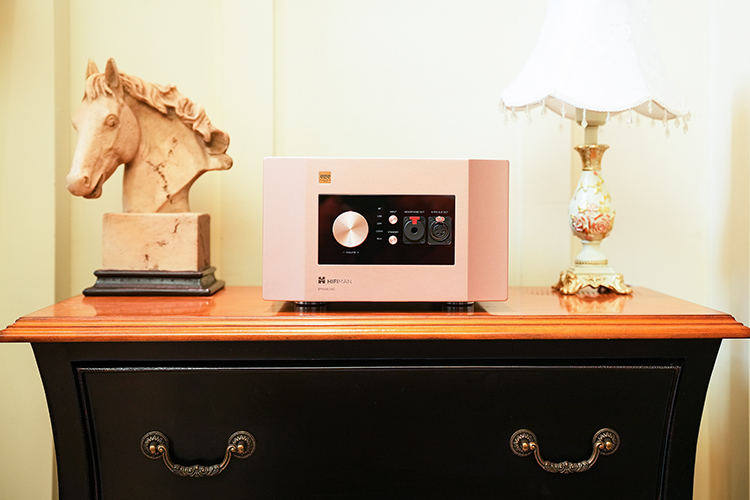 HIFIMAN EF1000 reference desktop DAC/Amplifier located on top of a desk/drawer