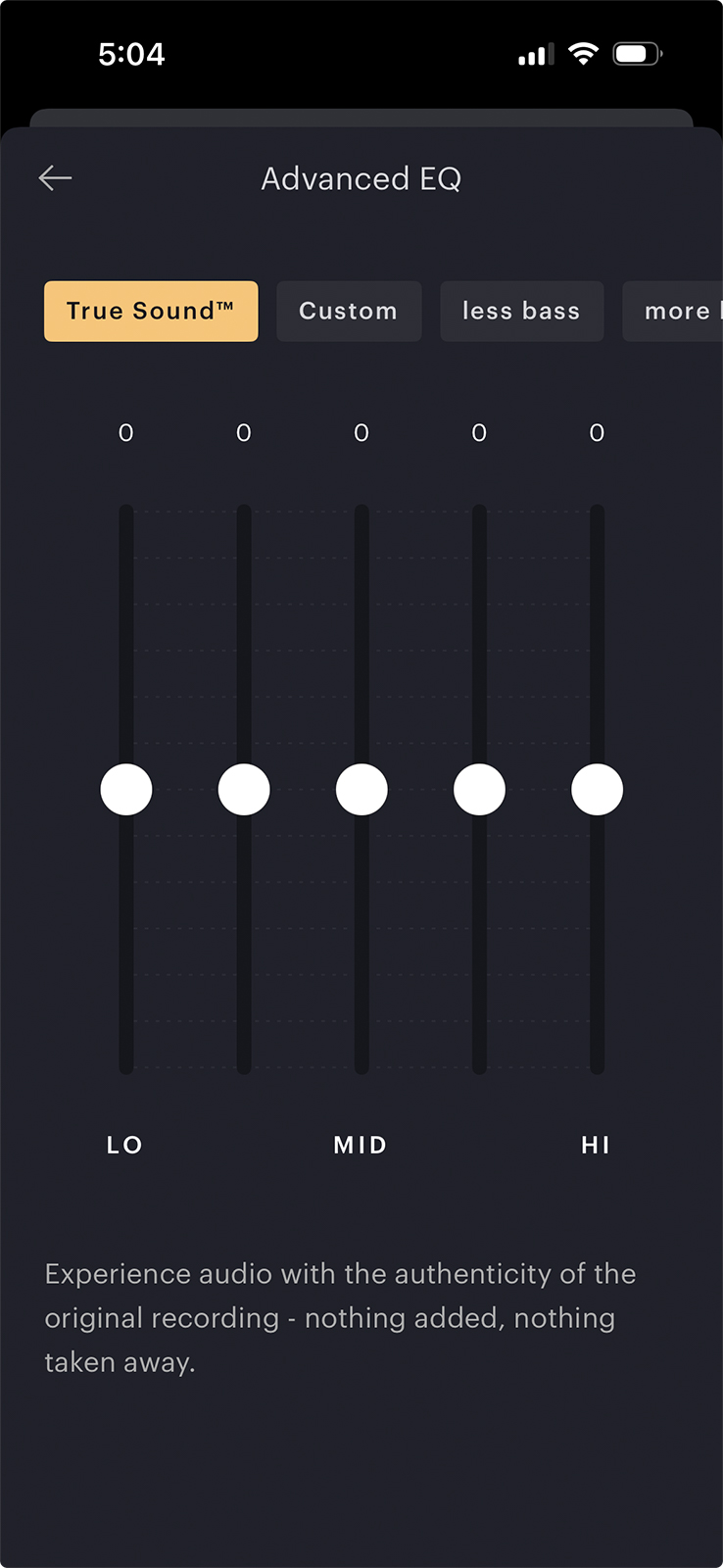 Screenshot of the Bowers & Wilkins Music mobile app for Apple iOS users showing the Advanced EQ features/settings for the Bowers & Wilkins Px8 S2 Over-Ear Noise-Canceling Headphones Screenshot of the Bowers & Wilkins Music mobile app for Apple iOS users showing the Advanced EQ features/settings for the Bowers & Wilkins Px8 S2 Over-Ear Noise-Canceling Headphones