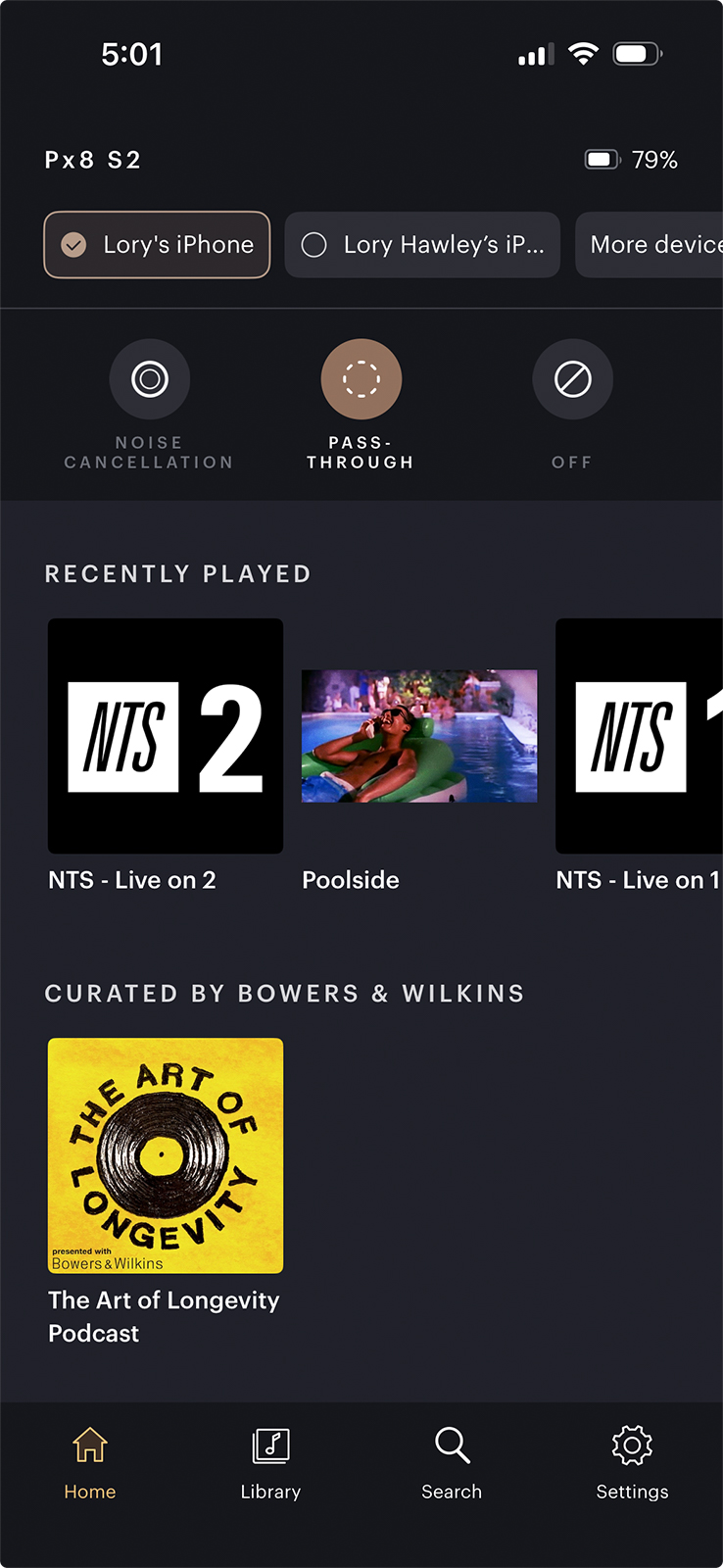 Screenshot of the Bowers & Wilkins Music mobile app for Apple iOS users showing the home tab features for the Bowers & Wilkins Px8 S2 Over-Ear Noise-Canceling Headphones Screenshot of the Bowers & Wilkins Music mobile app for Apple iOS users showing the home tab features for the Bowers & Wilkins Px8 S2 Over-Ear Noise-Canceling Headphones