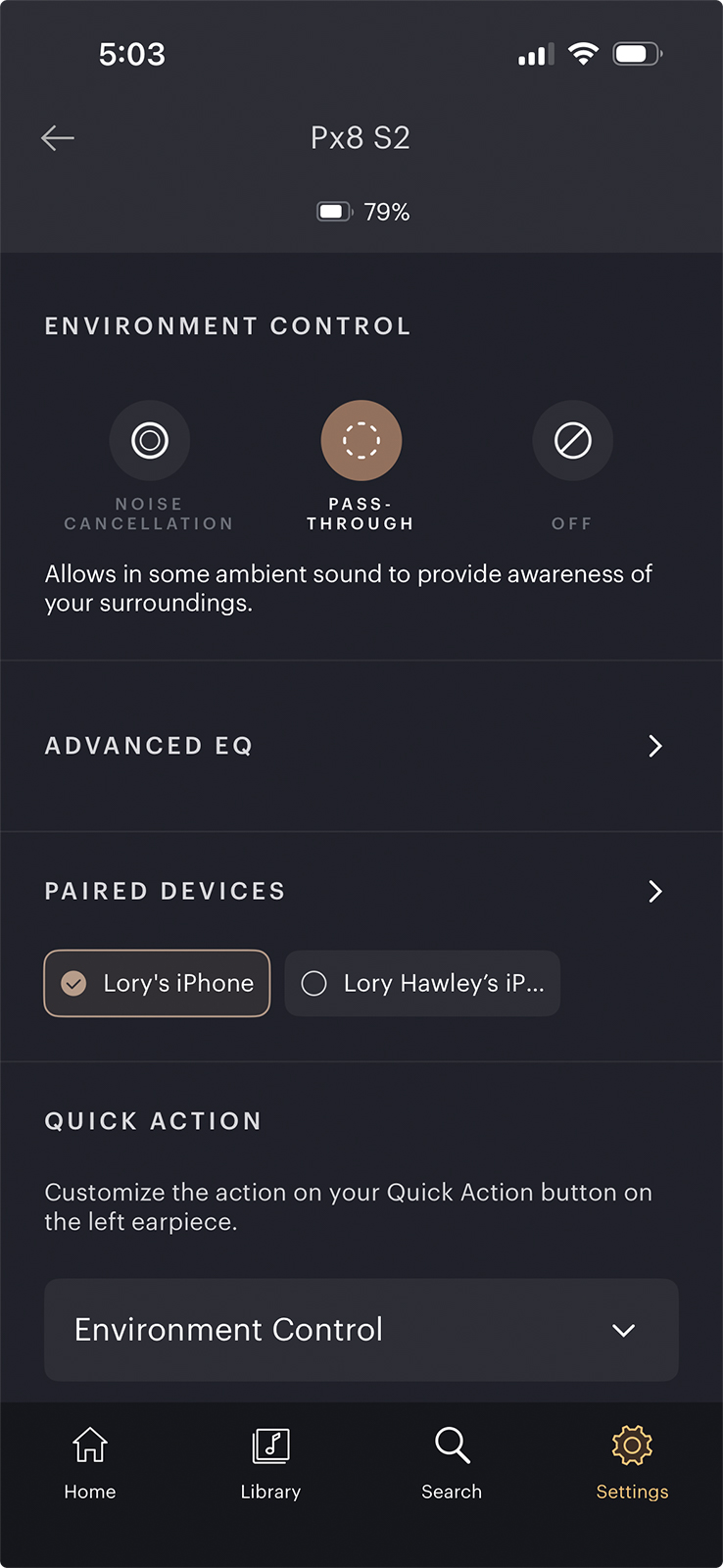 Screenshot of the Bowers & Wilkins Music mobile app for Apple iOS users showing the environmental control settings/features for the Bowers & Wilkins Px8 S2 Over-Ear Noise-Canceling Headphones Screenshot of the Bowers & Wilkins Music mobile app for Apple iOS users showing the environmental control settings/features for the Bowers & Wilkins Px8 S2 Over-Ear Noise-Canceling Headphones