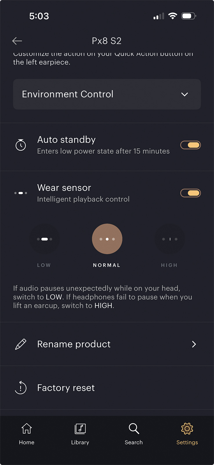 Screenshot of the Bowers & Wilkins Music mobile app for Apple iOS users showing additional environmental control settings/features for the Bowers & Wilkins Px8 S2 Over-Ear Noise-Canceling Headphones Screenshot of the Bowers & Wilkins Music mobile app for Apple iOS users showing additional environmental control settings/features for the Bowers & Wilkins Px8 S2 Over-Ear Noise-Canceling Headphones