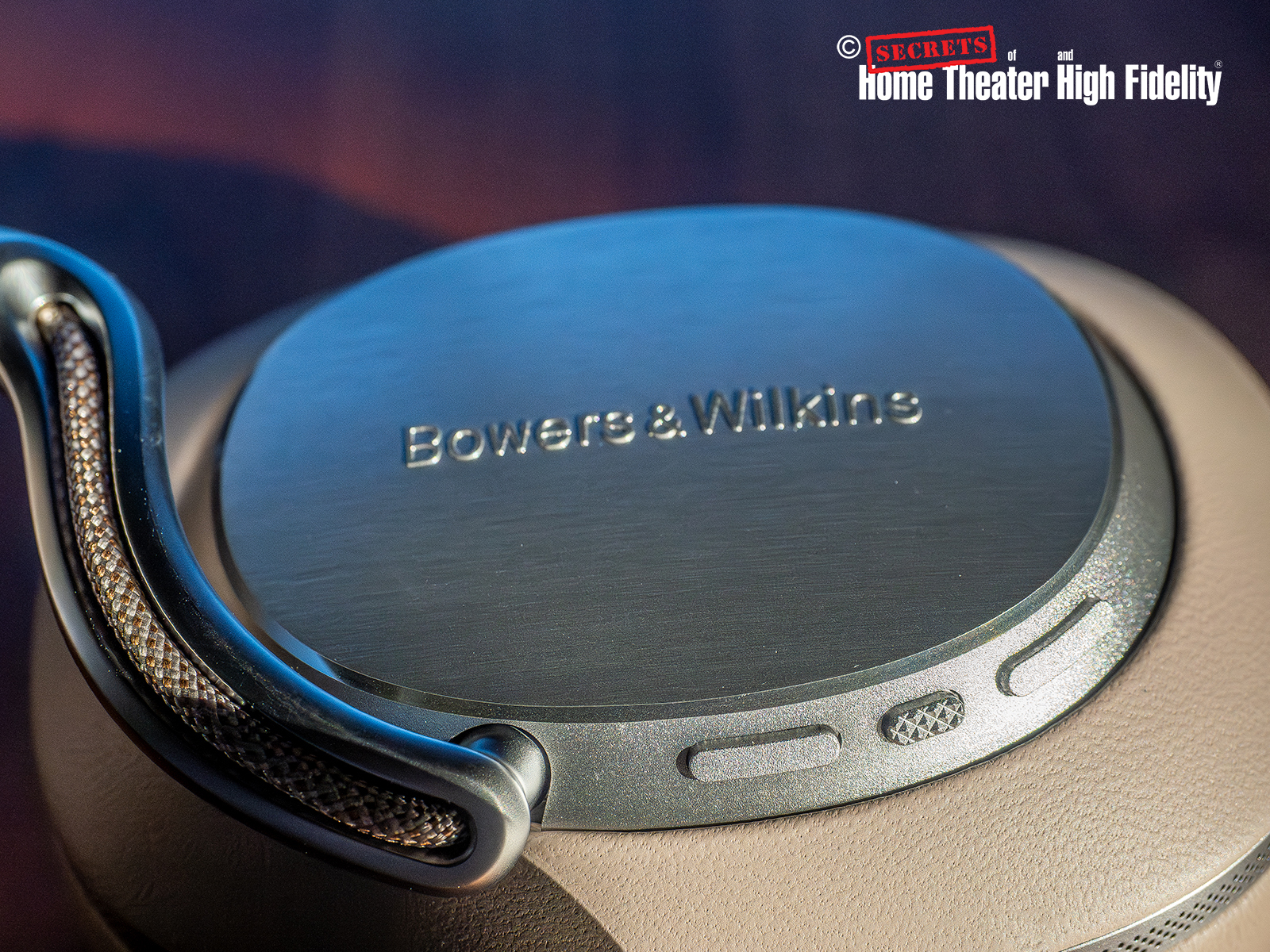 Bowers & Wilkins logo situated on the Px8 S2 Over-Ear Noise-Canceling Headphones Zoomed In Close-up View Bowers & Wilkins logo situated on the Px8 S2 Over-Ear Noise-Canceling Headphones Zoomed In Close-up View