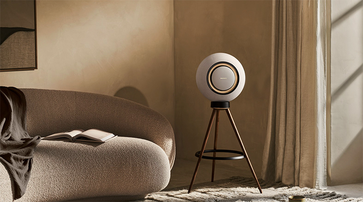 Marantz Horizon Wireless Speaker Moon Ray Finish situated on top of a tripod stand Lifestyle Living Room View