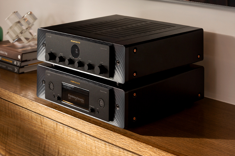 Close-up photograph perspective of the Marantz CD 50n Networked CD Player and Marantz MODEL 50 Integrated Amplifier stacked on top of each other