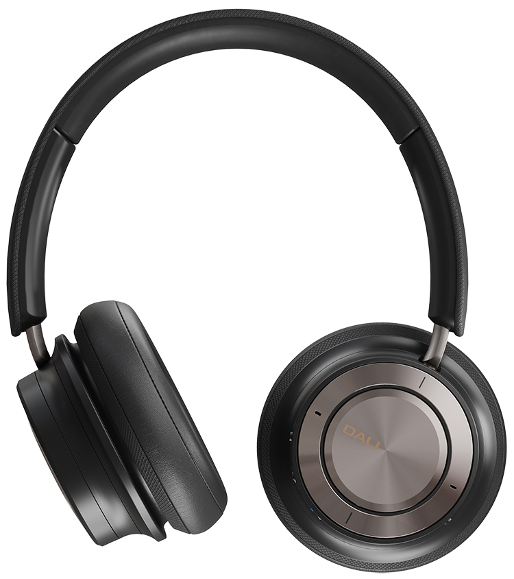 DALI IO-8 Headphone Iron Black Finish Front Folded One Sided Logo Close-up View