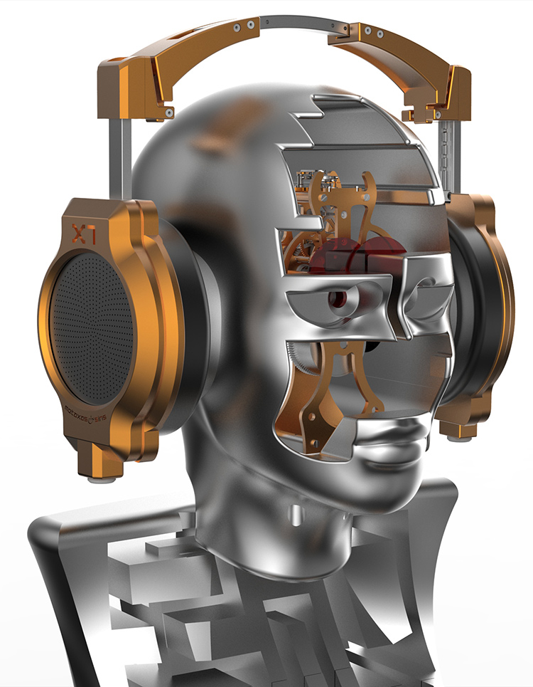 Metaxas & Sins Ethereal Electrostatic Headphone Amplifier on a light grey chrome colored robot head sculpture Angle View