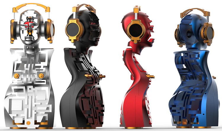 Metaxas & Sins Ethereal Electrostatic Headphone Amplifier on four different chrome colored robot head sculptures (light grey, black, red, and blue) Angle & Rear View