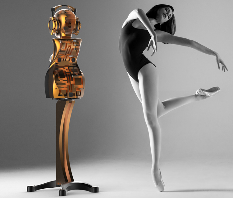 Metaxas & Sins Ethereal Electrostatic Headphone Amplifier Rear Angle View on a gold chrome colored robot head sculpture with a ballerina woman dancing in motion next to it