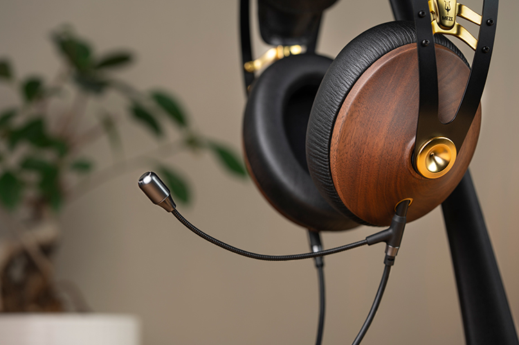 Meze Audio 99 Classics Walnut Gold Headphone with Boom Mic Close-up View