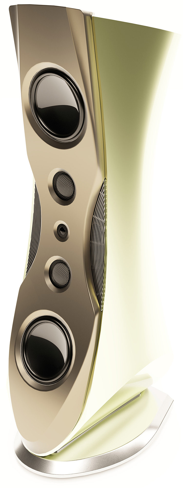 Oneiros three-way floorstanding loudspeaker Cool Matcha & Dusk Gold Finish Angle View
