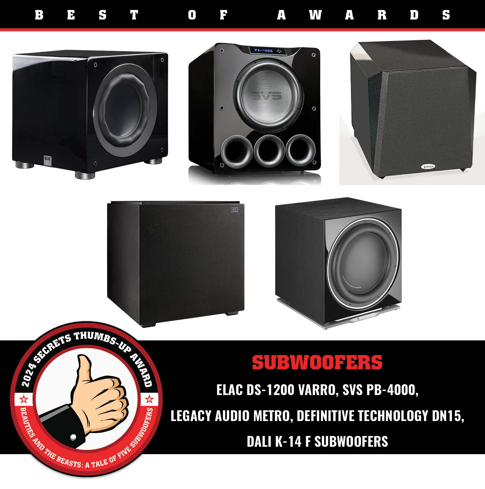 ELAC DS-1200 Varro, SVS PB-4000, Legacy Audio Metro, Definitive Technology DN15 and DALI K-14 F Subwoofers Thumbs-Up Award