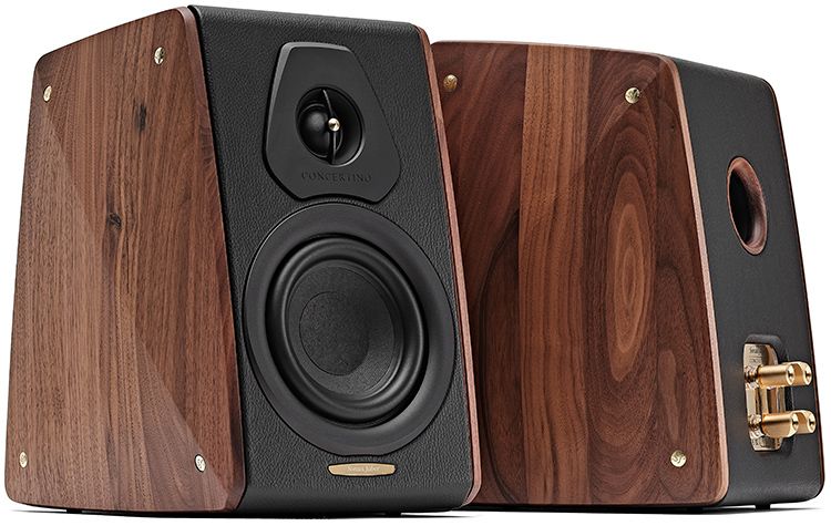 Sonus faber Concertino Maestro Edition Bookshelf Speakers Front Angle & Rear Angle View