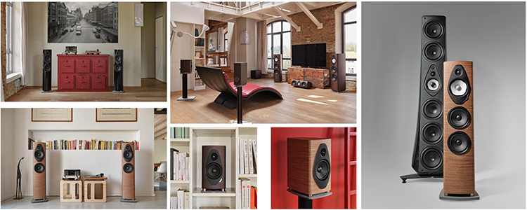 Collage of the new Sonus faber Sonetto G2 loudspeaker collection of seven product models