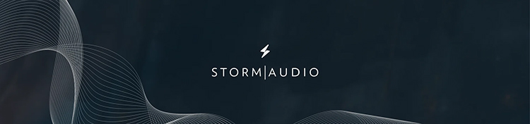 Digital promotional banner showcasing the STORM|AUDIO typographic letters logo with an accompanying floating emblem up above that shows a minimalistic lightning bolt shape symbol