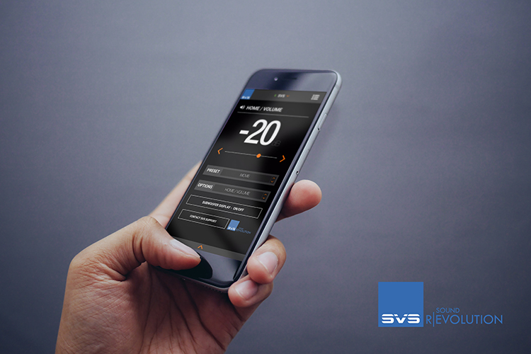Person's hand holding a smartphone showing off the SVS Subwoofer Control Smartphone App