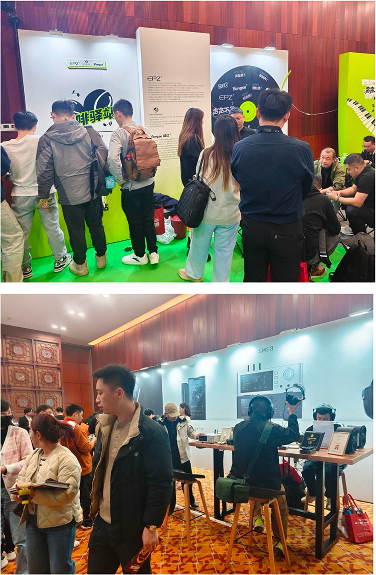 Portrait indoor photographs of the public trying out various audio demo products from audio company brands such as EPZ within the 2024 Guangzhou International Headphones Expo at the Baiyun International Convention Center in Guangzhou, China