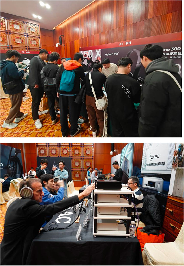 Portrait indoor photographs of the public trying out various audio demo products from audio company brands such as Logitech and ESOTERIC within the 2024 Guangzhou International Headphones Expo at the Baiyun International Convention Center in Guangzhou, China