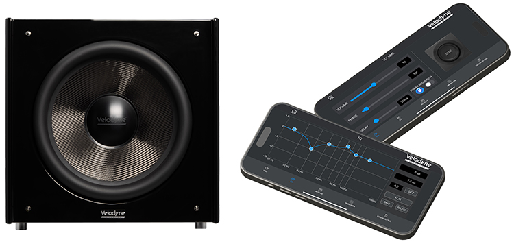 Velodyne Acoustics SPL-X 18 Subwoofer Front View and a angle view of a pair of smartphone screens displaying the Velodyne Acoustics subwoofer control app; The top screen, angled away from the viewer, shows sliders for Volume, Phase, and Delay, as well as a Room Correction section; The bottom screen, closer and easier to read, shows a graphical equalizer (EQ) curve with multiple adjustable points, a flat response option, and buttons for SAVE, RELECT, and FLAT