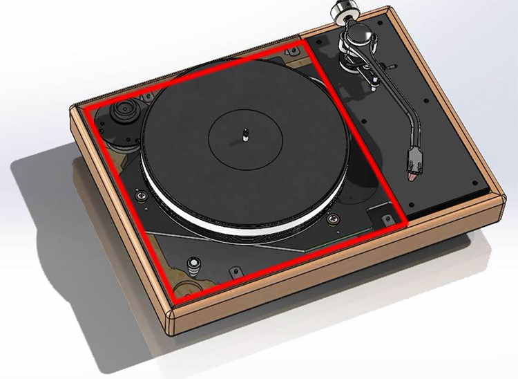 Digital rendering concept top aerial angle view showcasing the VPI Forever Series Model One Turntable Motor Drive and Platter Module area