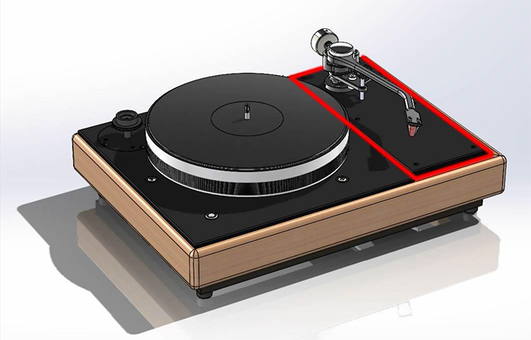 Digital rendering concept top aerial angle view showcasing the VPI Forever Series Model One Turntable S-Tonearm Module area