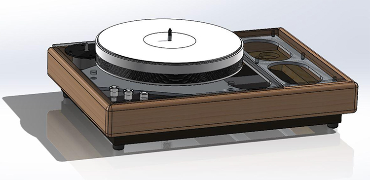 Digital rendering concept top aerial angle view showcasing the VPI Forever Series Model One Turntable 3-Point Floating Suspension system area