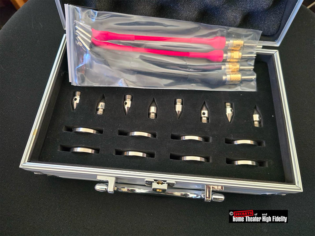 A set of spikes comes with the speakers in a very nice metal case, which also has the jumper cables A set of spikes comes with the speakers in a very nice metal case, which also has the jumper cables