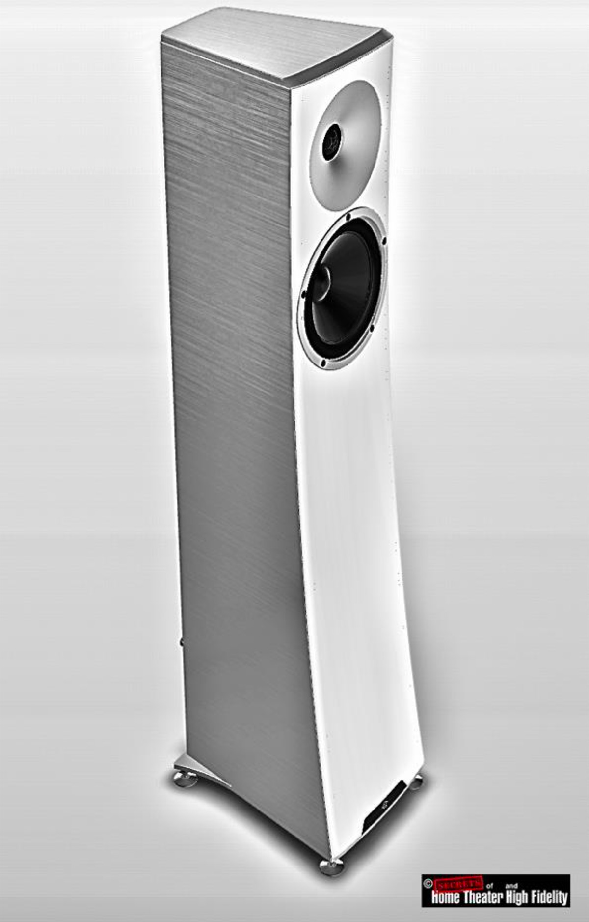 Digital black and white illustration rendering of the YG Acoustics Carmel 3 Floor-standing Speaker Silver Color Finish Front Angle Side View Digital black and white illustration rendering of the YG Acoustics Carmel 3 Floor-standing Speaker Silver Color Finish Front Angle Side View