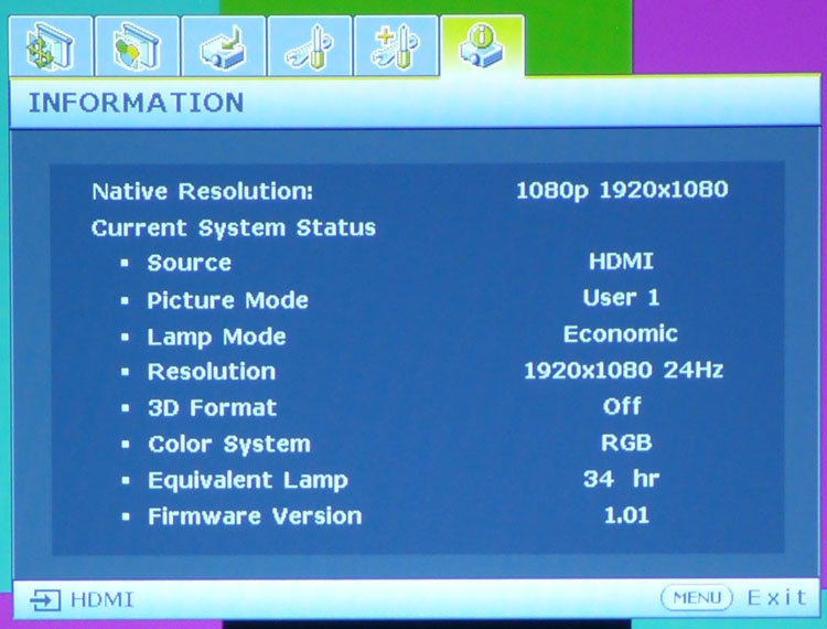 BenQ MH530 DLP Projector - Signal Info Screen