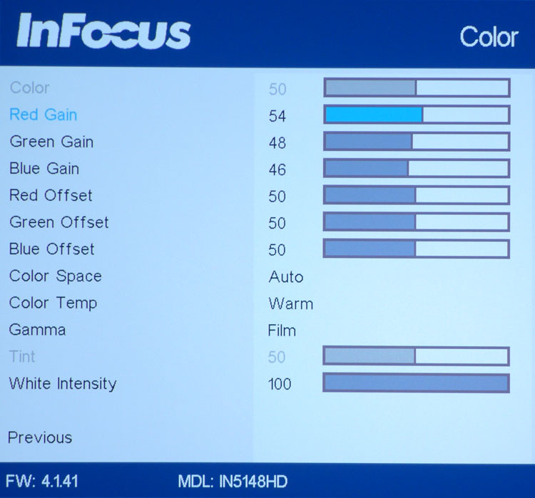 InFocus IN5148HD 3D DLP Projector Color Menu