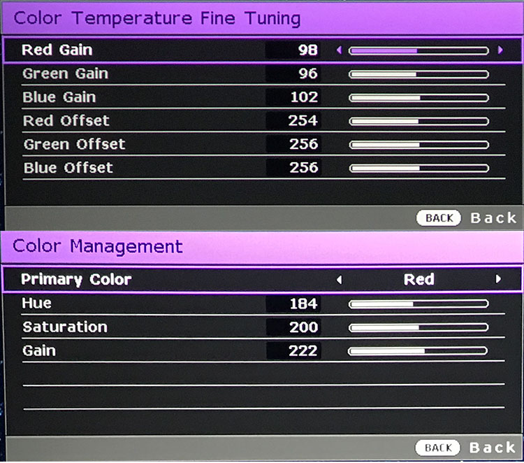 BenQ HT2050A 3D DLP Projector Color Temp and CMS