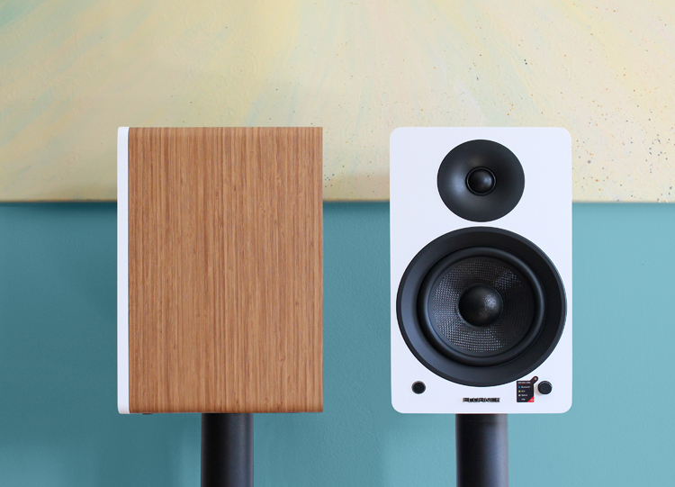 Fluance Ai60 Powered Bookshelf Speakers Front and side