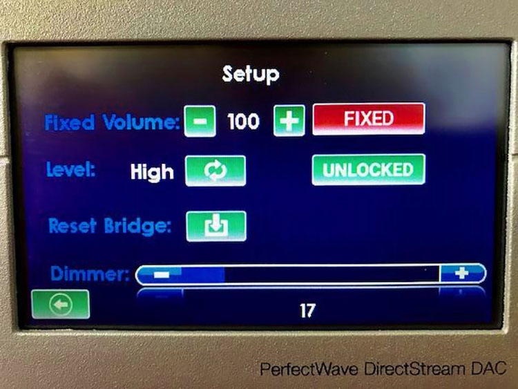 PS Audio PerfectWave DirectStream DAC Setup Screen