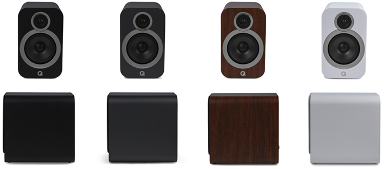 Q Acoustics 3030i Bookshelf Speaker and QB12 Subwoofer color variants