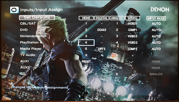 Denon AVR-X3600H input menu page