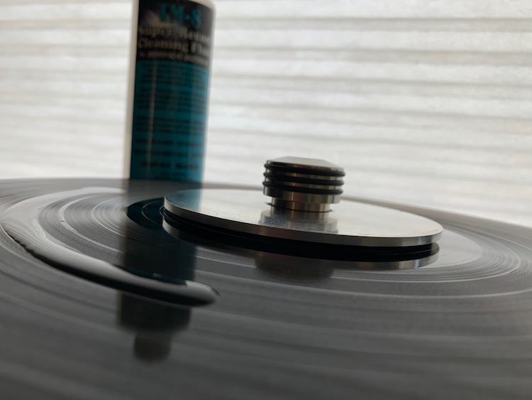Closeup of Groovy Hi-Fi Cleaning Solution on Vinyl Record